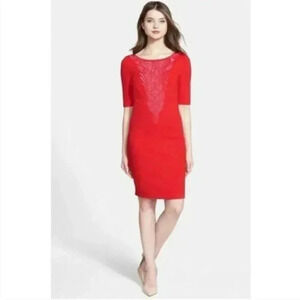 Laundry by Shelli Segal Red & Pink Embroidered Ponte Pencil Dress 4